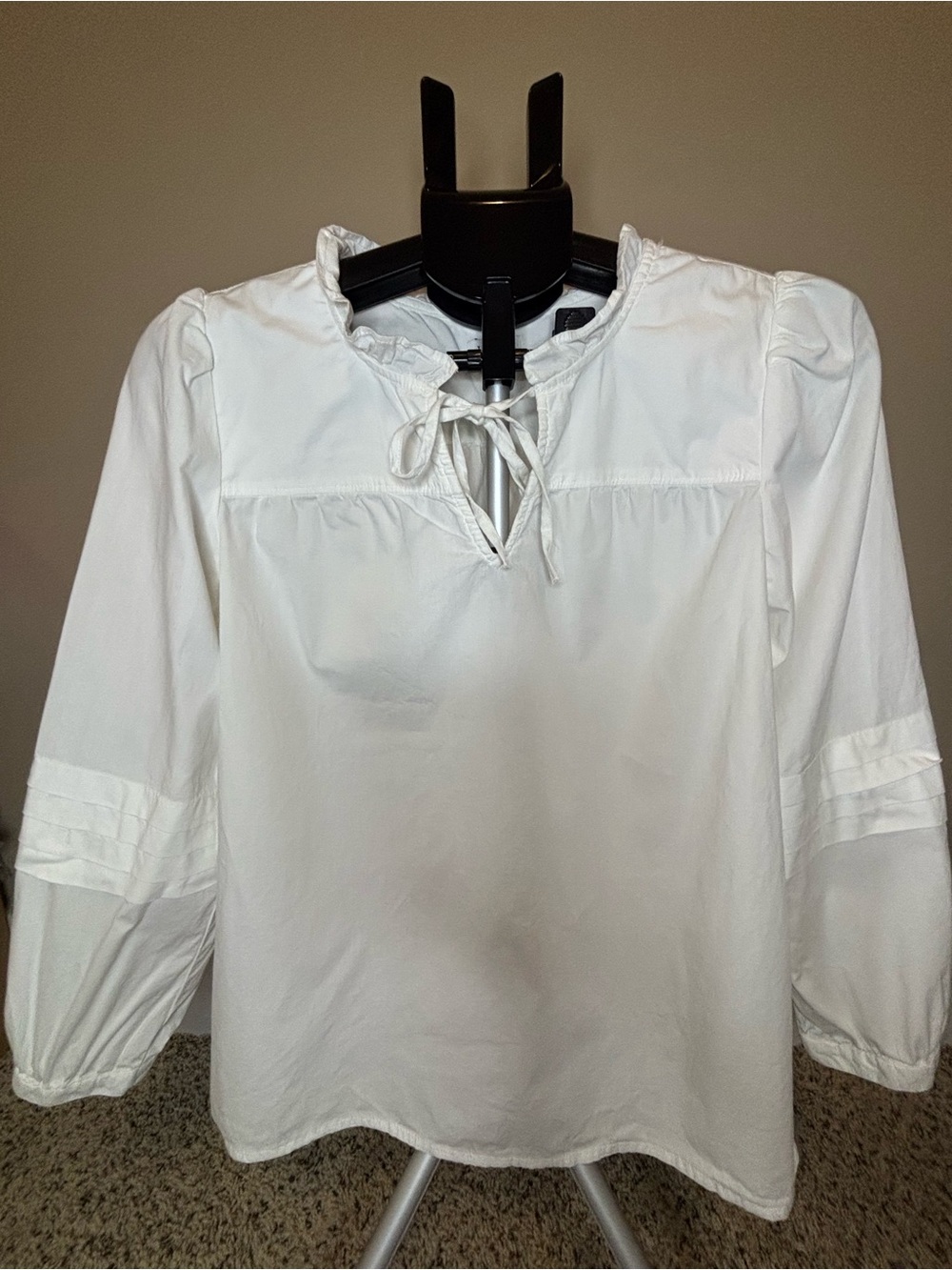 J.Crew Women’s Small White Ruffle Neck Popover Blouse Cotton Long Sleeve